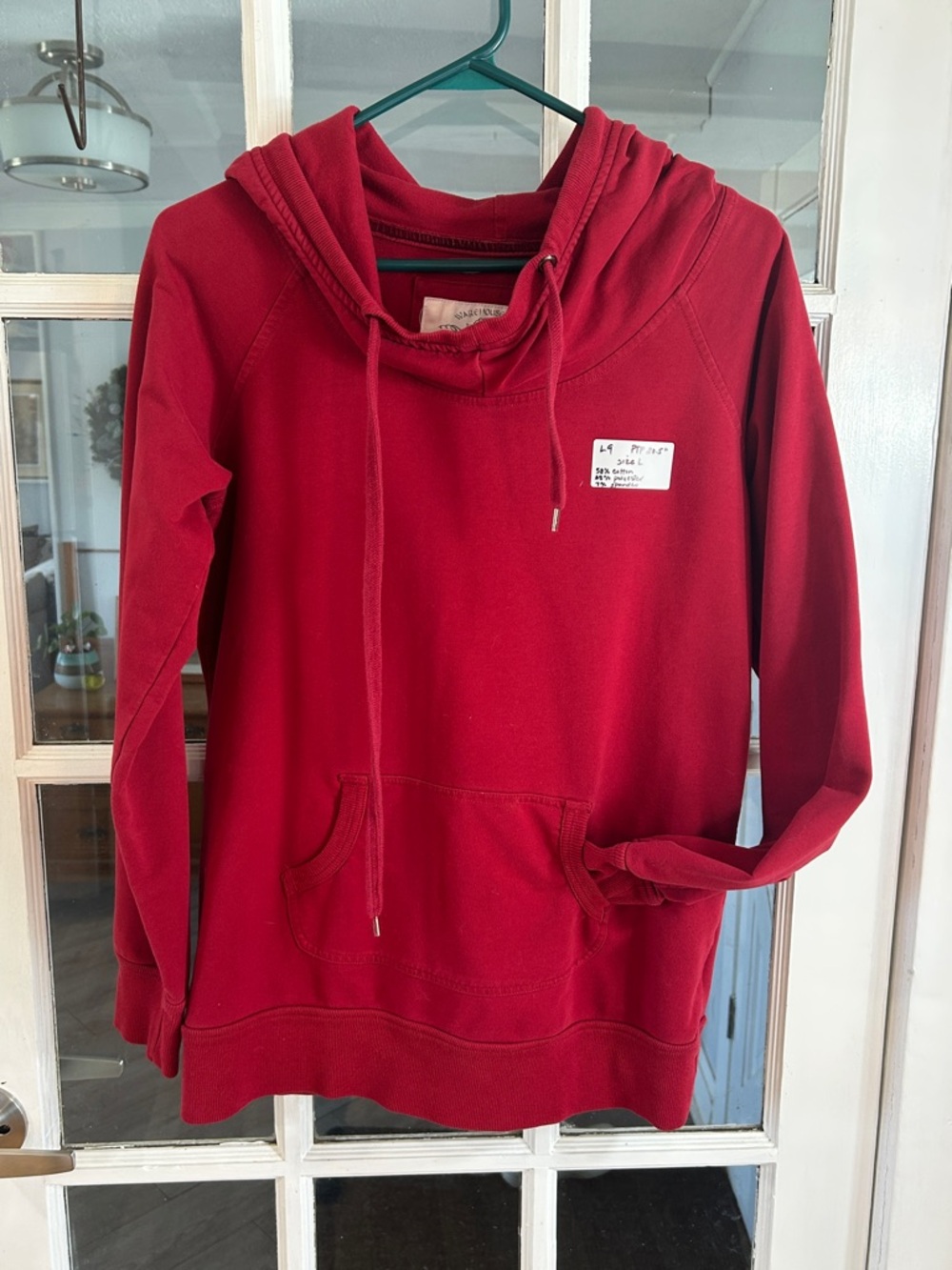 L9.    Warehouse Red Hooded Pullover Sweatshirt